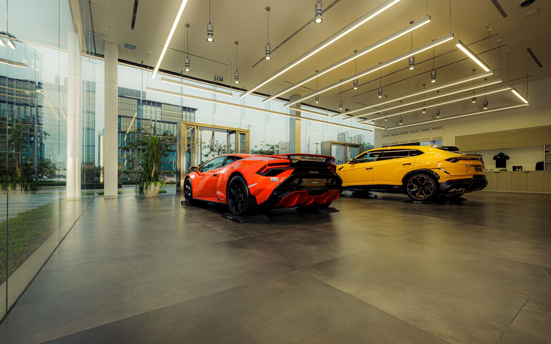 Luksusowe samochody sportowe Lamborghini w nowoczesnym salonie Luksusowe samochody sportowe Lamborghini w nowoczesnym salonie