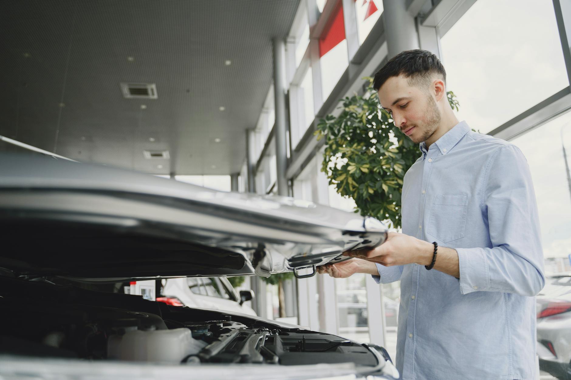 Młody mężczyzna sprawdza silnik Citroëna w salonie samochodowym